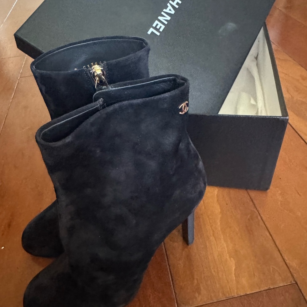 CHANEL Black Suede Ankle Booties with Gold CC Accent